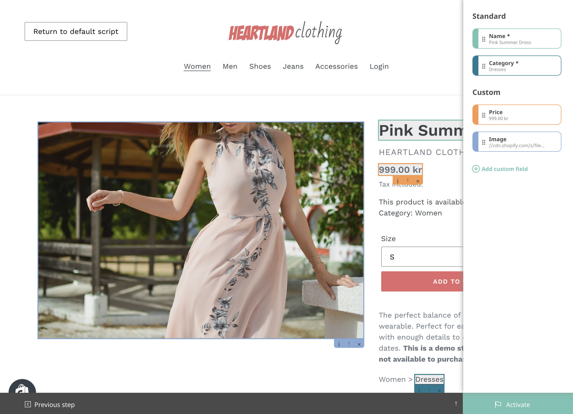 Website verktyget visar ett exempel från kunden Heartland Clothing.