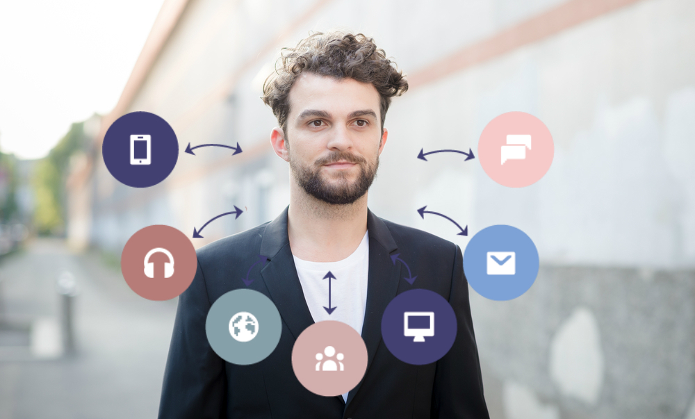Man on street with icons of channels and touchpoints