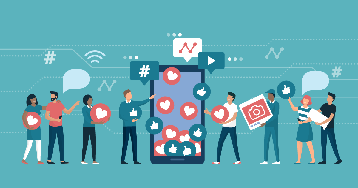 People surrounded by social media likes