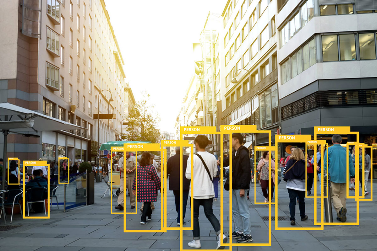 Street landscape with people framed in boxes