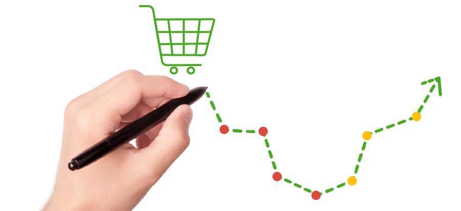 Hand with pen drawing a shoppingcart.