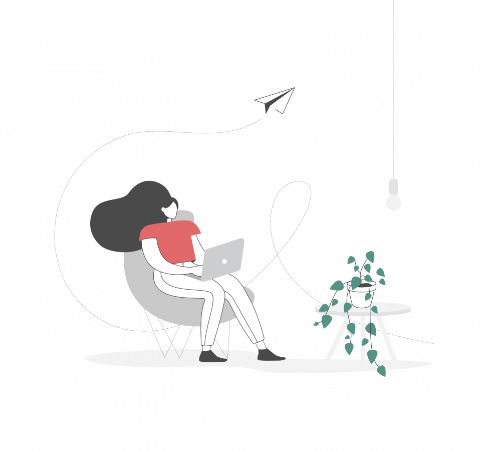 Illustration med en tjej som sitter med en dator i sitt knä och skickar iväg ett email som illustreras av ett pappersflygplan.
