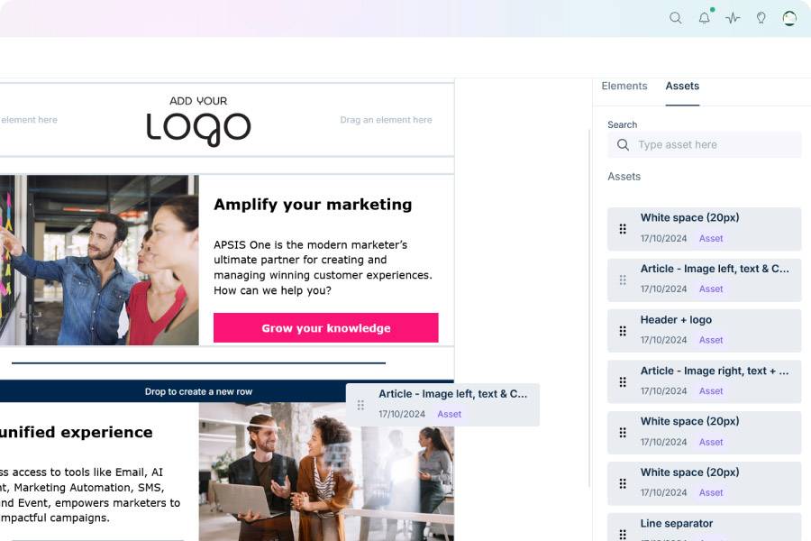 Elements and asset in emailbuilder in Apsis One emailmarketing platform.