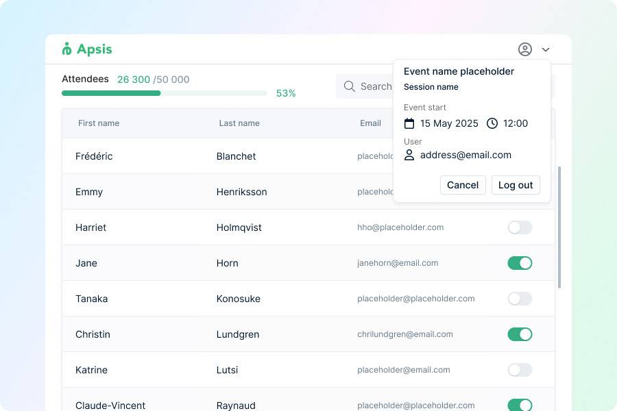 Attendee list in the Apsis One tool for evenmanagement. 
