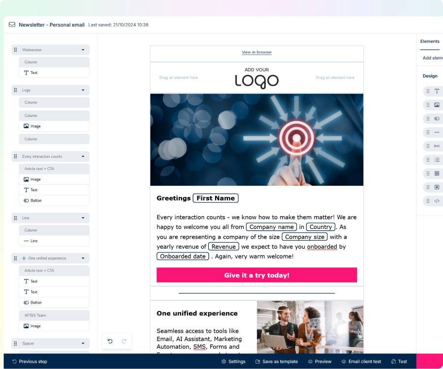 email tool in Apsis One interface